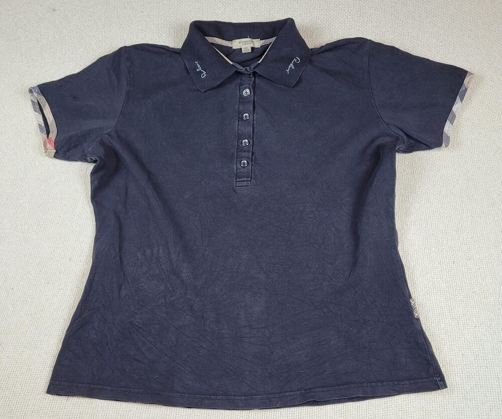 Burberry London Polo Shirt Womens XXL Black Embroidered Collar England Plaid